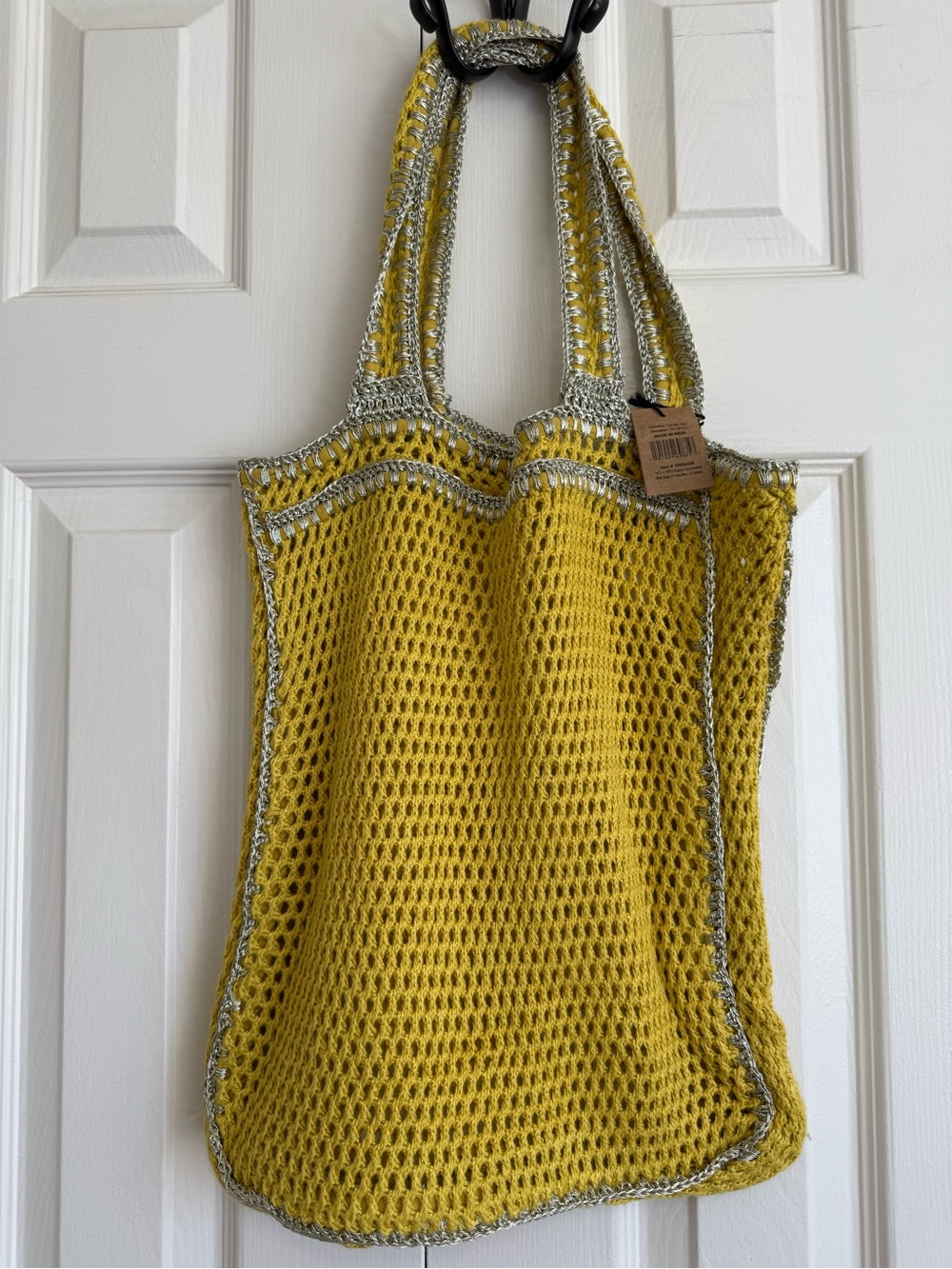 Yellow Crochet Tote Bag with Silver-Tone Trim - Picture 3 of 7